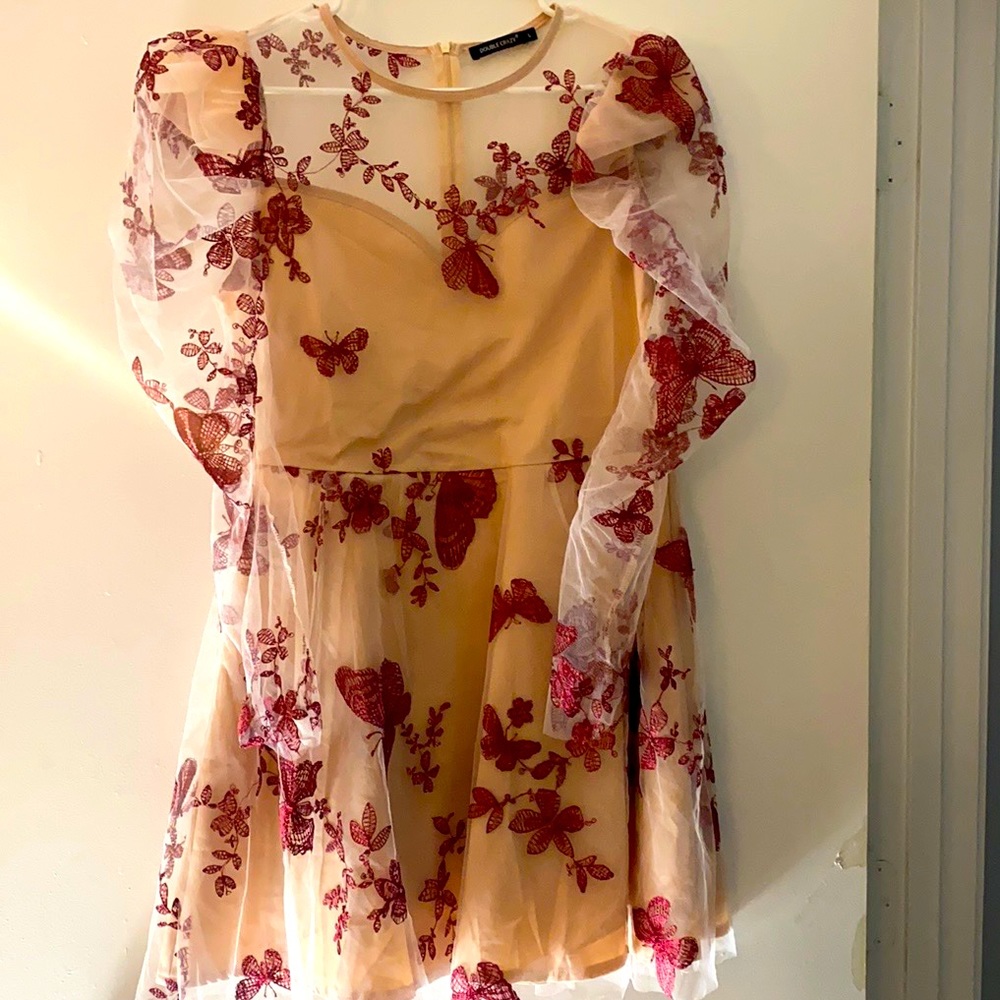 Sheer sleeve dress tan with burgundy butterflies